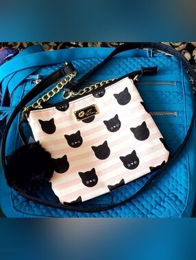 Luv Betsey By Betsey Johnson Pink Cat Print Crossbody Bag with Puffy  Cat Charm